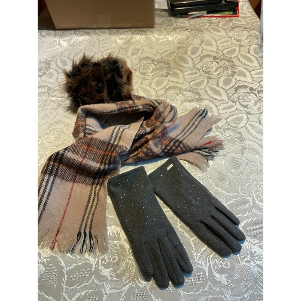 Aldo Scarf Glove Earmuff Set Womens OS Multi Excellent Plaid Faux Fur Rhinestone